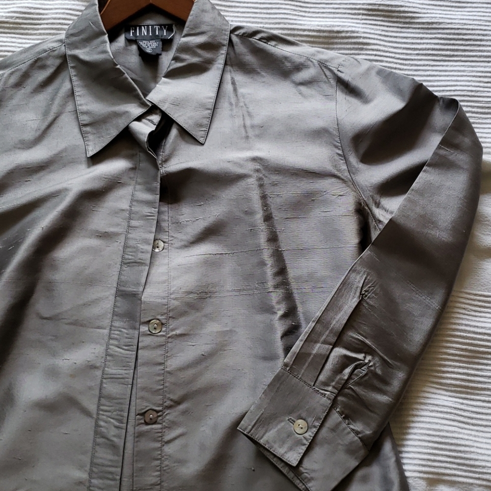 100% silk dark silver long-sleeve blouse